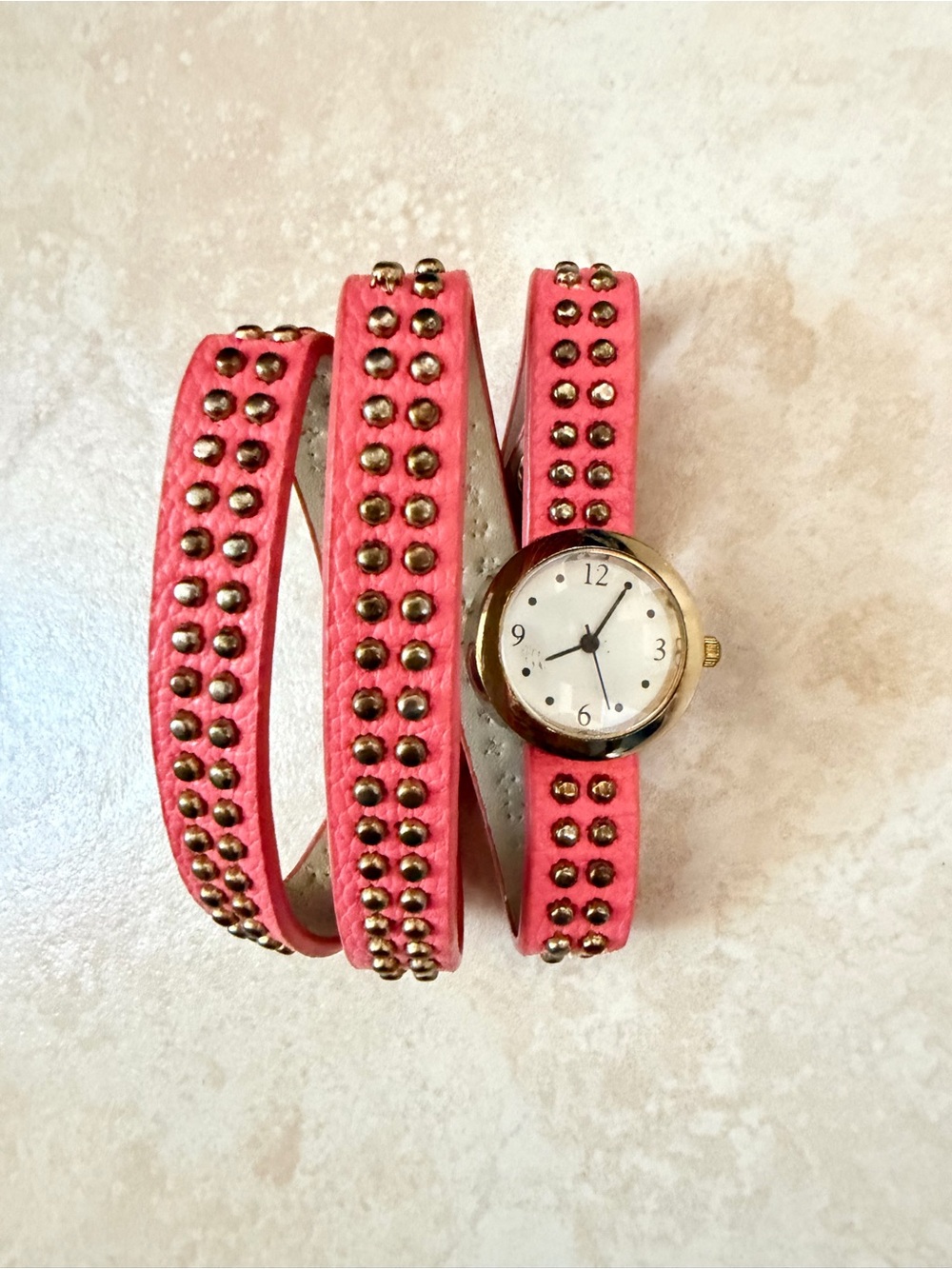 *BRAND NEW* Coral Pink Studded Wrap Watch Women’s Fashionable Layered Bracelet